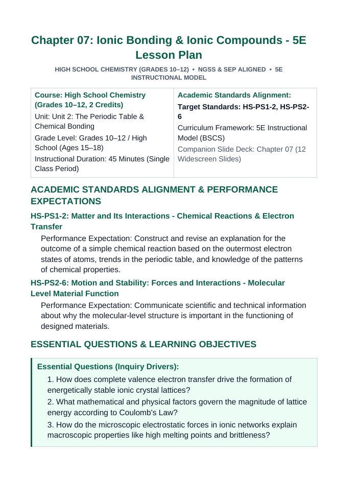 Ionic Bonding & Ionic Compounds 5E Lesson Plan sample page