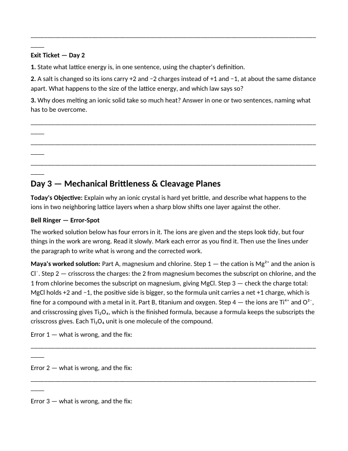 Ionic Bonding & Ionic Compounds Bell Ringers & Exit Tickets sample page