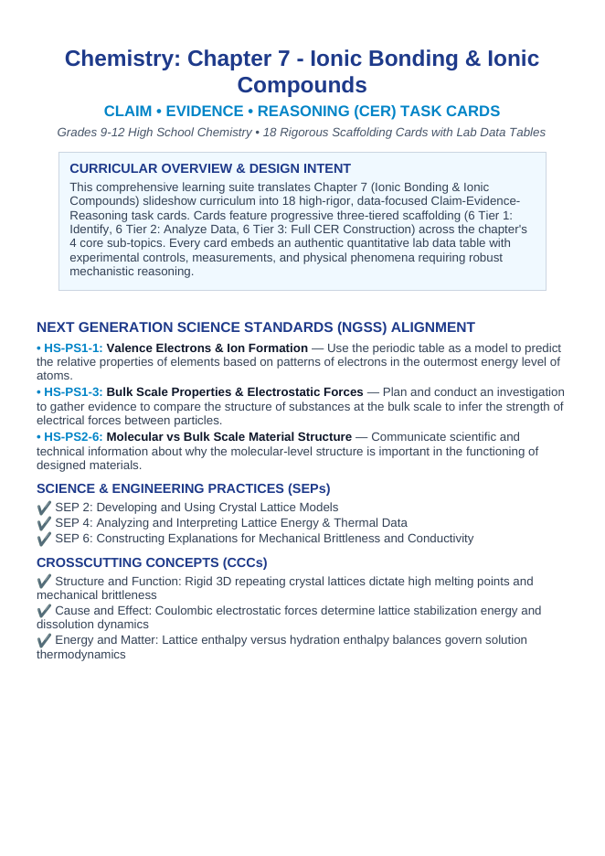 Ionic Bonding & Ionic Compounds CER Task Cards sample page