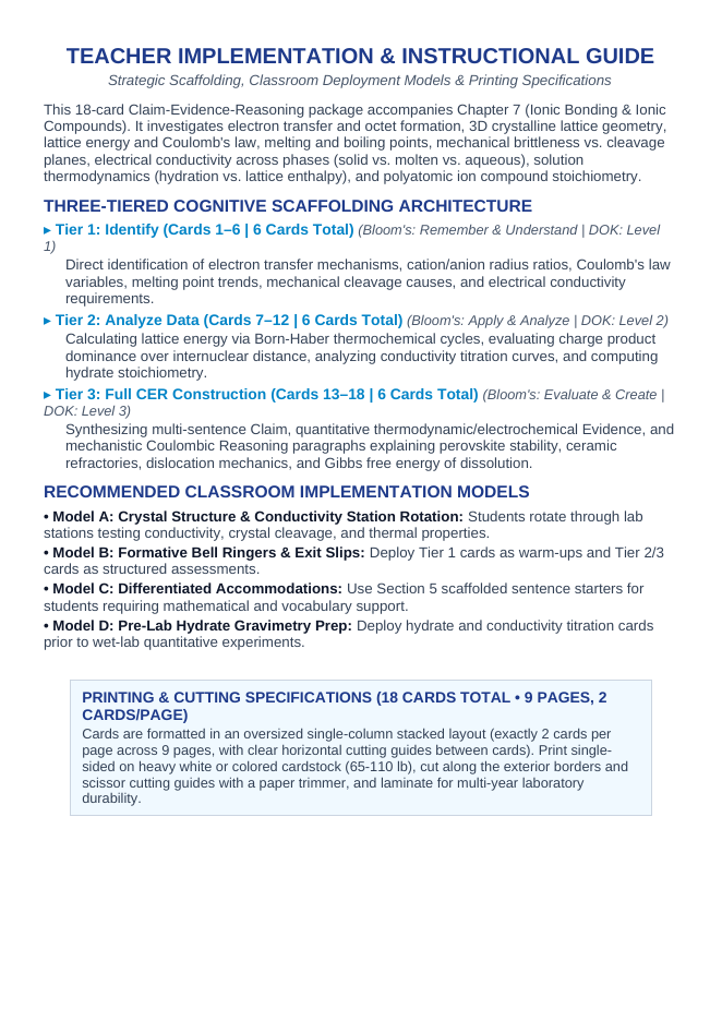 Ionic Bonding & Ionic Compounds CER Task Cards sample page