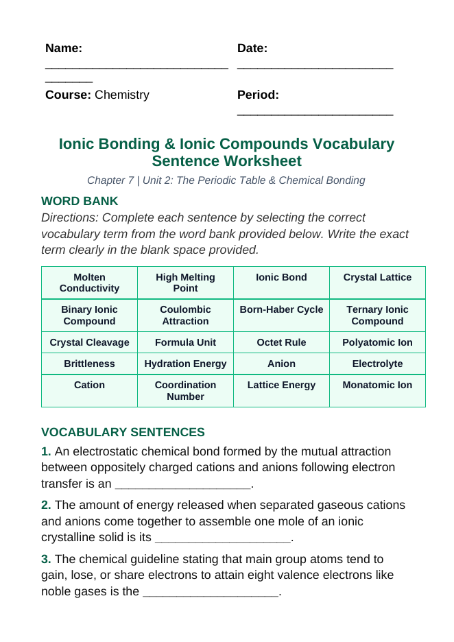 Ionic Bonding & Ionic Compounds Fill-in-the-Blank Vocabulary Worksheet sample page
