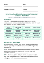 Ionic Bonding & Ionic Compounds Fill-in-the-Blank Vocabulary Worksheet sample page