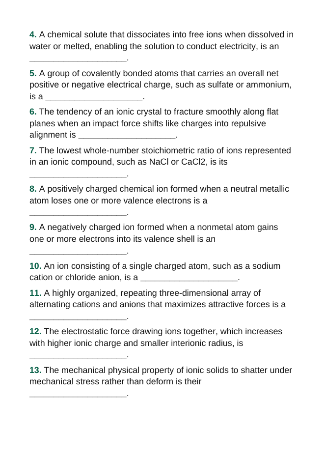 Ionic Bonding & Ionic Compounds Fill-in-the-Blank Vocabulary Worksheet sample page