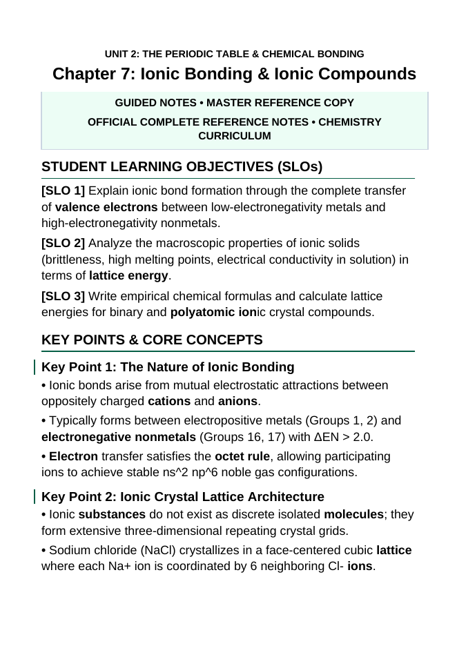 Ionic Bonding & Ionic Compounds Guided Notes sample page