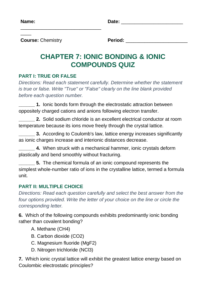 Ionic Bonding & Ionic Compounds Lesson Quiz sample page