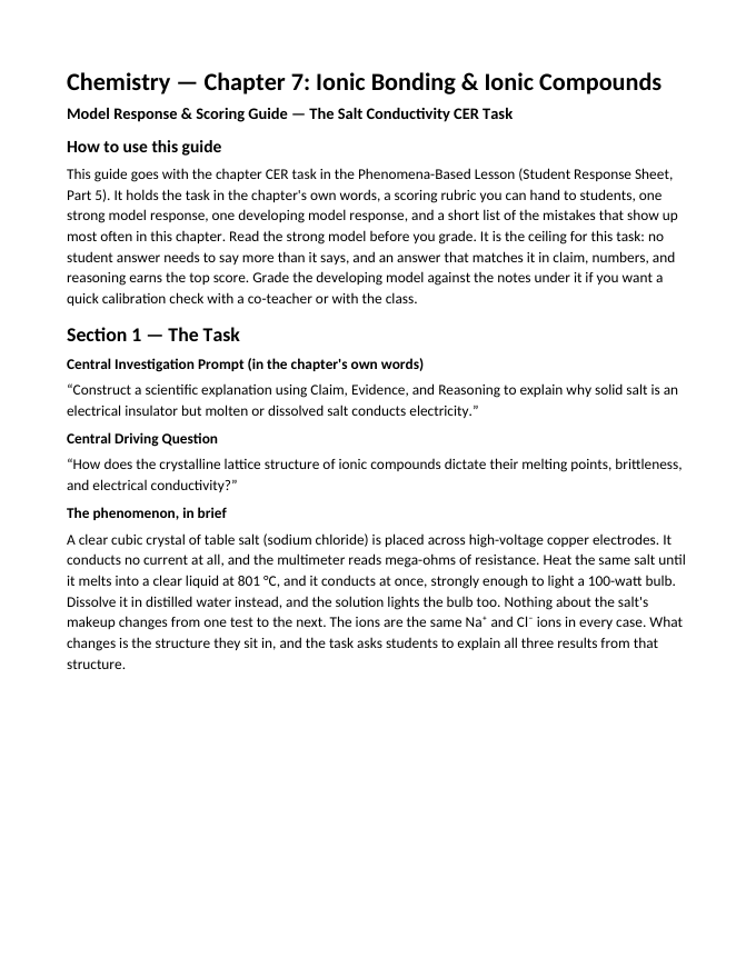 Ionic Bonding & Ionic Compounds Model Response & Scoring Guide sample page