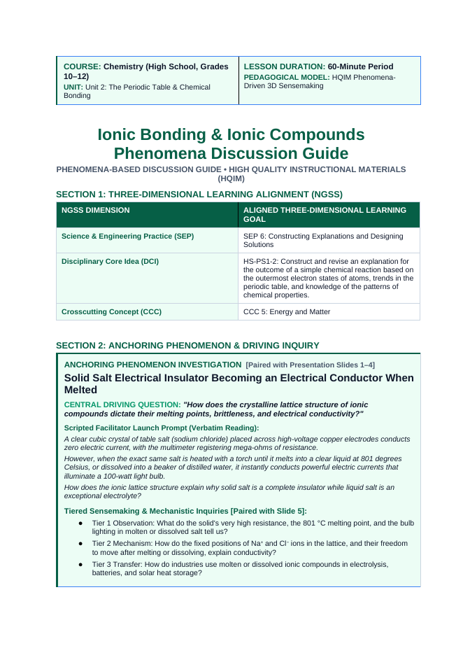 Ionic Bonding & Ionic Compounds Phenomena-Based Lesson: Solid Salt Electrical Insulator Becoming an Electrical Conductor When Melted Teacher Discussion Guide sample page