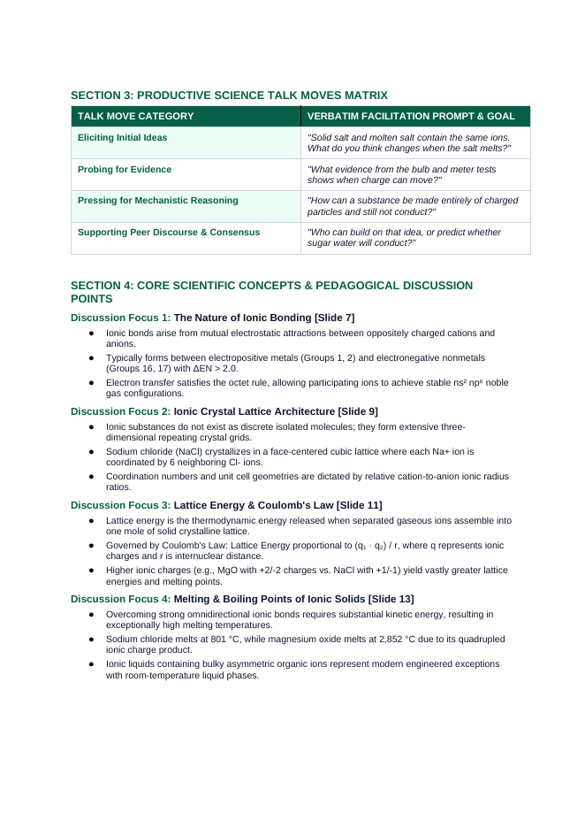 Ionic Bonding & Ionic Compounds Phenomena-Based Lesson: Solid Salt Electrical Insulator Becoming an Electrical Conductor When Melted Teacher Discussion Guide sample page