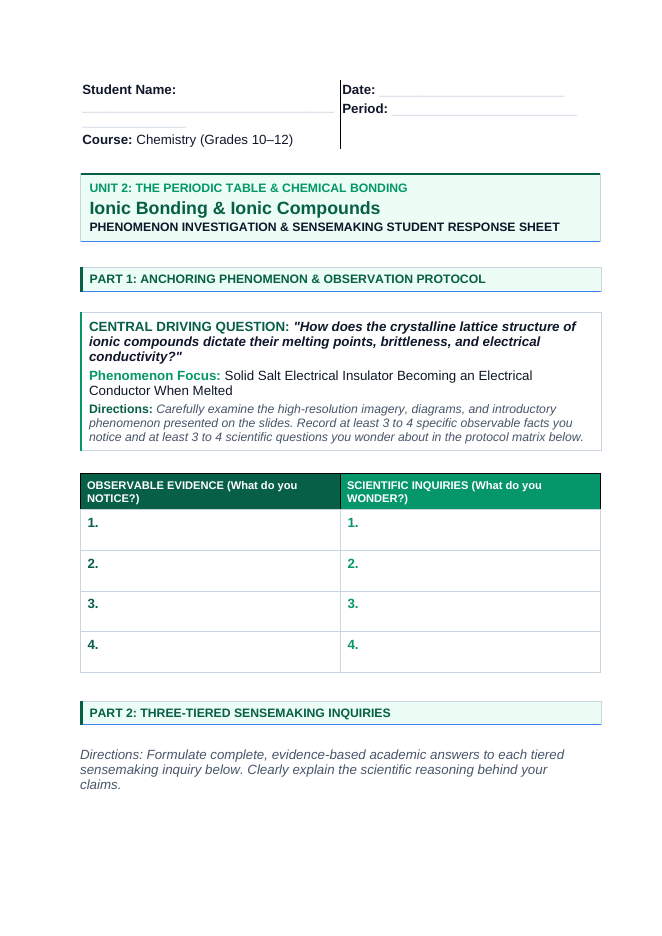 Ionic Bonding & Ionic Compounds Phenomena-Based Lesson: Solid Salt Electrical Insulator Becoming an Electrical Conductor When Melted Student Response Sheet sample page