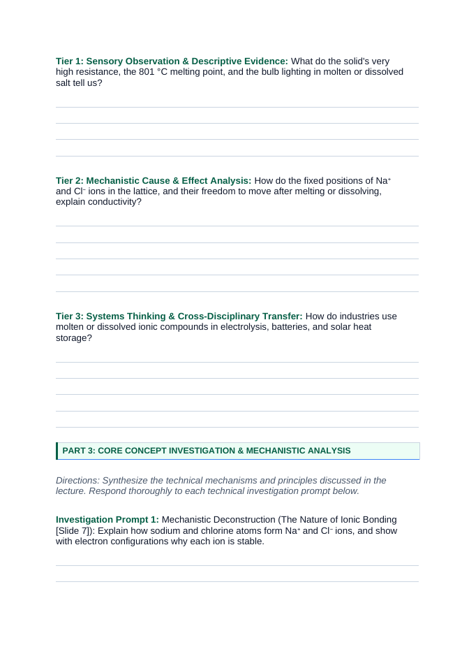 Ionic Bonding & Ionic Compounds Phenomena-Based Lesson: Solid Salt Electrical Insulator Becoming an Electrical Conductor When Melted Student Response Sheet sample page