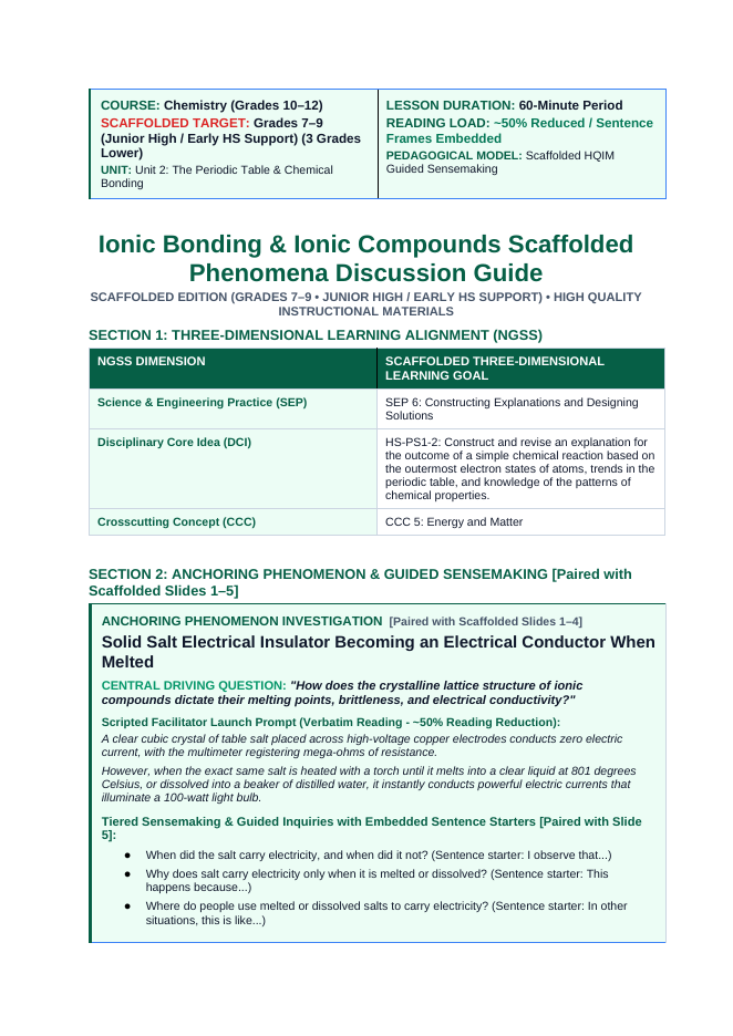 Ionic Bonding & Ionic Compounds Scaffolded Phenomena-Based Lesson: Solid Salt Electrical Insulator Becoming an Electrical Conductor When Melted Teacher Discussion Guide sample page