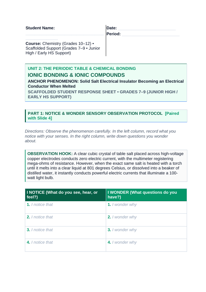 Ionic Bonding & Ionic Compounds Scaffolded Phenomena-Based Lesson: Solid Salt Electrical Insulator Becoming an Electrical Conductor When Melted Student Response Sheet sample page