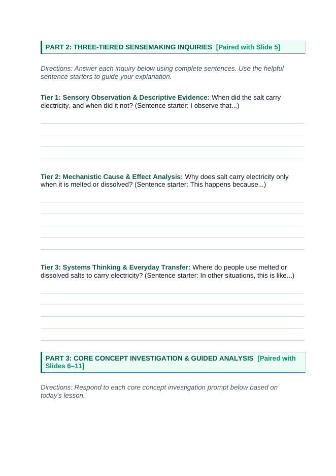 Ionic Bonding & Ionic Compounds Scaffolded Phenomena-Based Lesson: Solid Salt Electrical Insulator Becoming an Electrical Conductor When Melted Student Response Sheet sample page