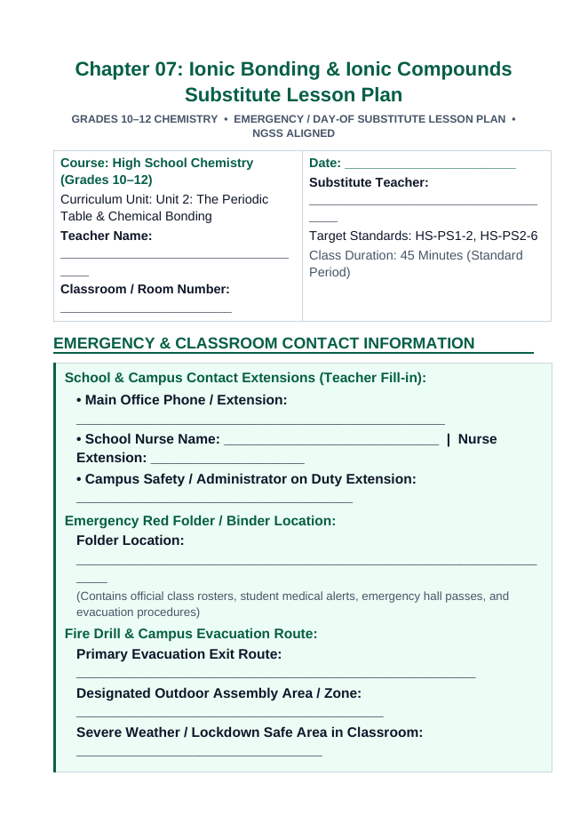 Ionic Bonding & Ionic Compounds Substitute Lesson Plan sample page