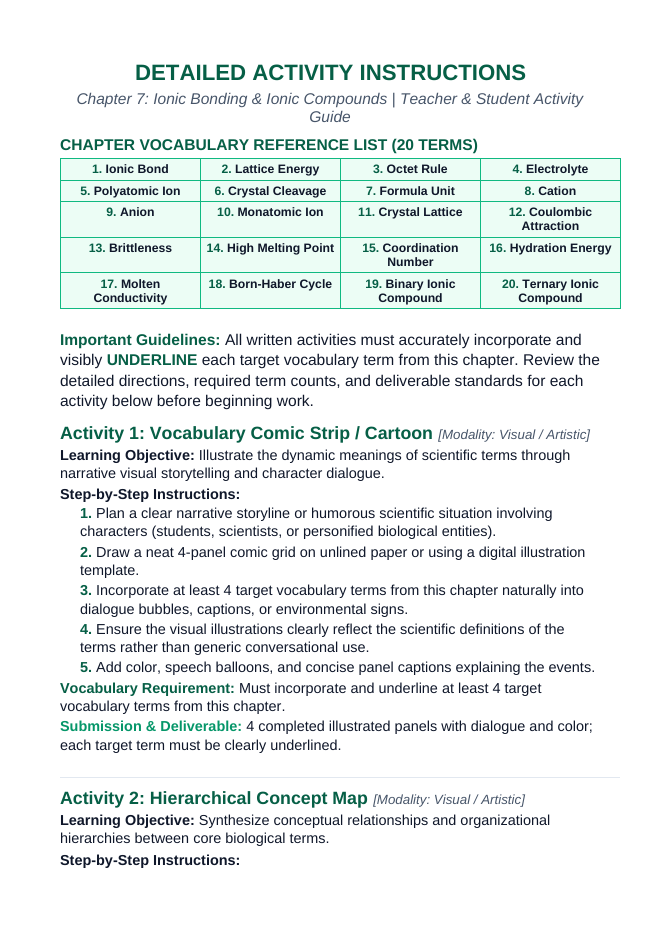 Ionic Bonding & Ionic Compounds Vocabulary Choice Board sample page
