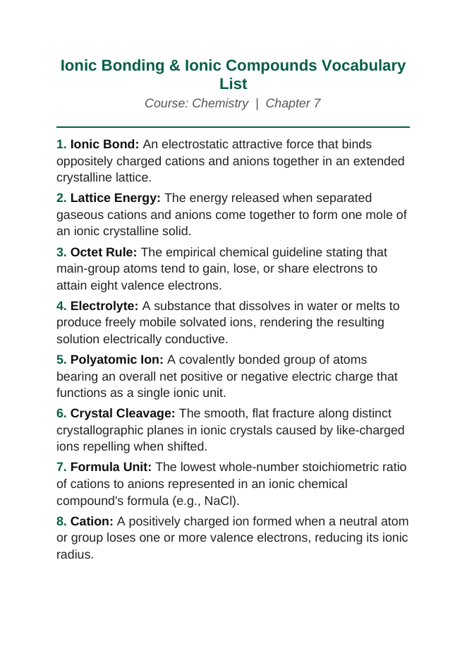 Ionic Bonding & Ionic Compounds Vocabulary Words & Definitions sample page