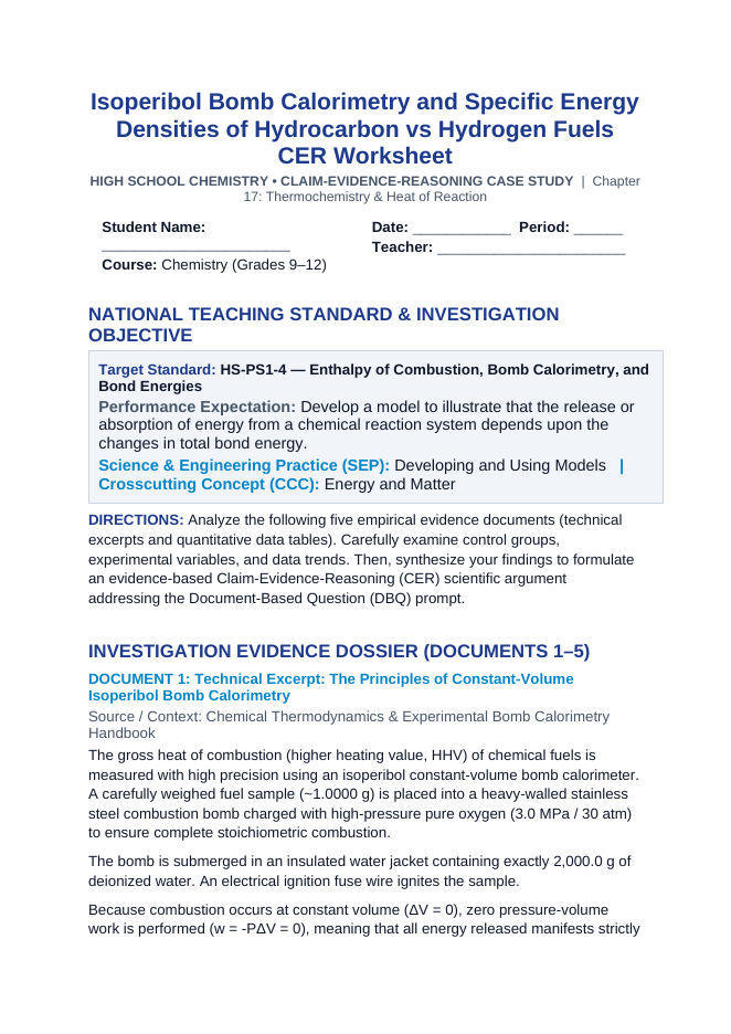 Isoperibol Bomb Calorimetry and Specific Energy Densities of Hydrocarbon vs Hydrogen Fuels CER Phenomena Worksheet sample page