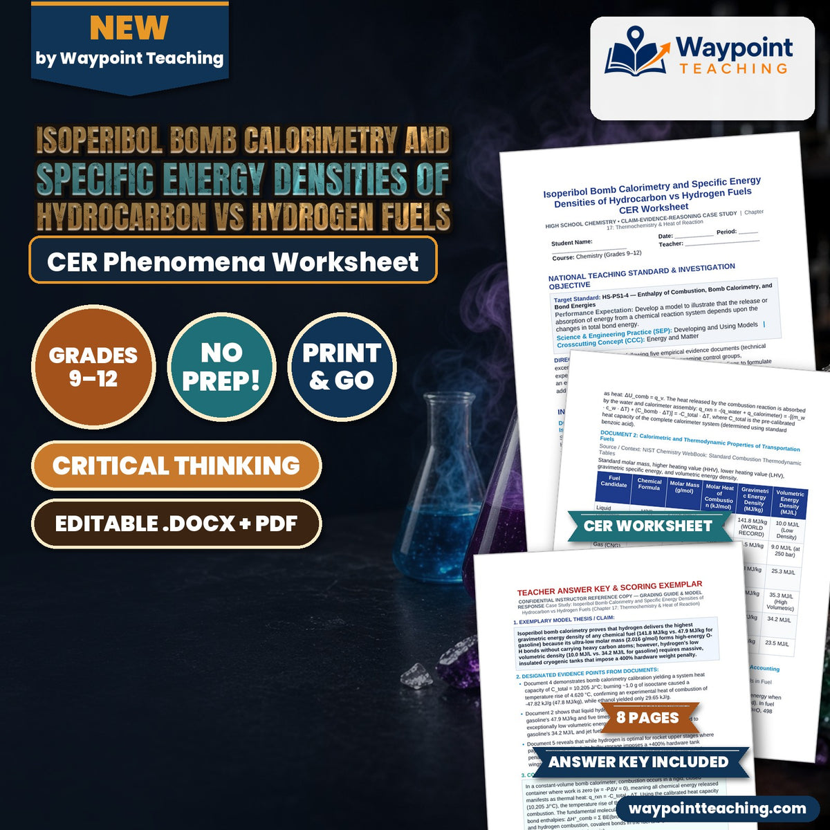 Isoperibol Bomb Calorimetry and Specific Energy Densities of Hydrocarbon vs Hydrogen Fuels CER Phenomena Worksheet cover