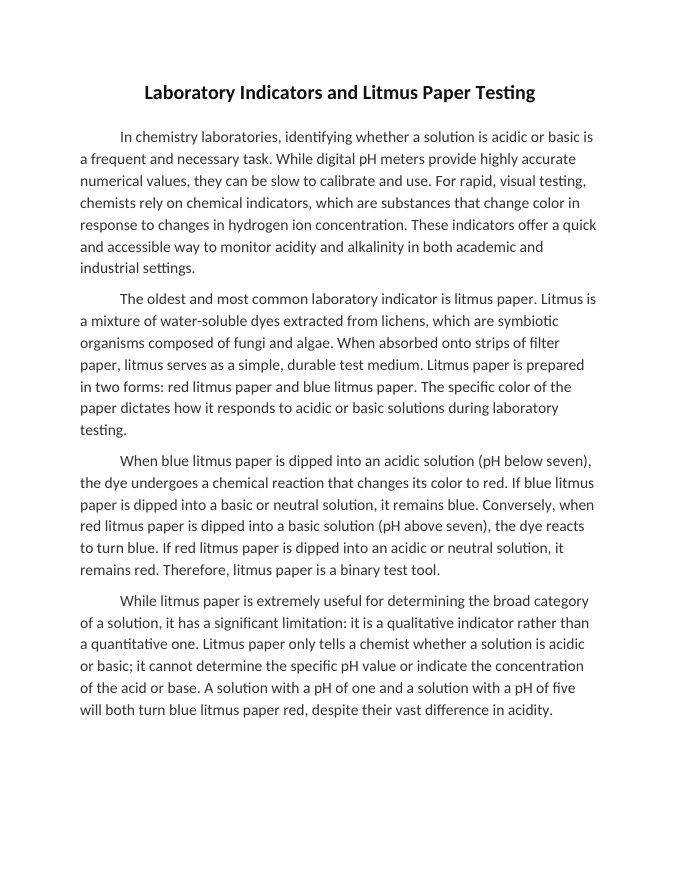 Laboratory Indicators and Litmus Paper Testing Reading Worksheet sample page
