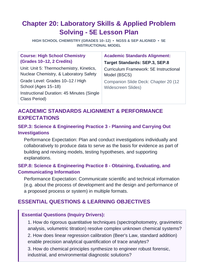 Laboratory Skills & Applied Problem Solving 5E Lesson Plan sample page