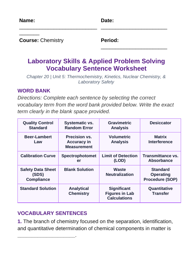 Laboratory Skills & Applied Problem Solving Fill-in-the-Blank Vocabulary Worksheet sample page