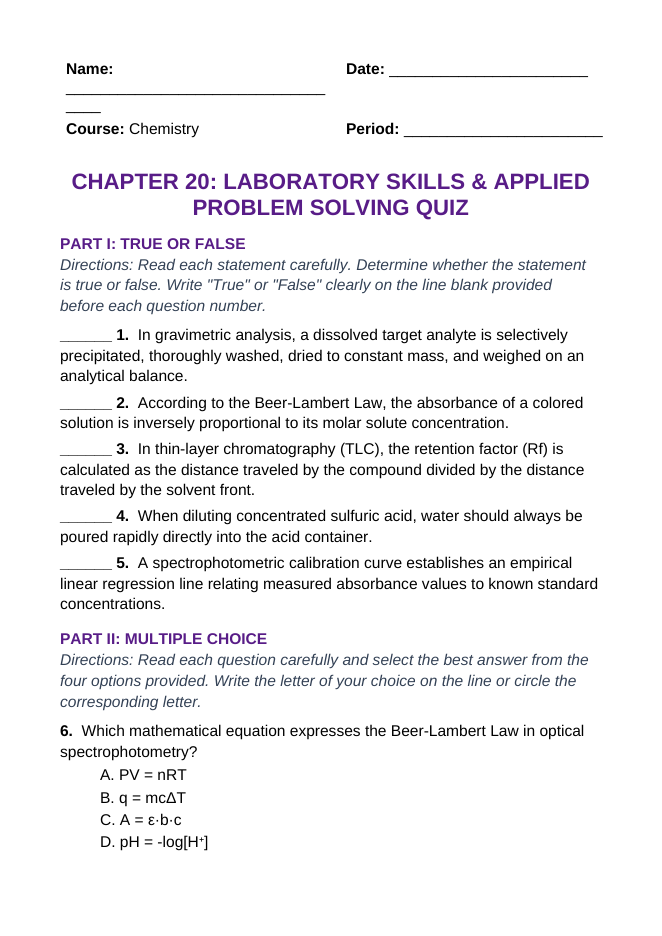 Laboratory Skills & Applied Problem Solving Lesson Quiz sample page