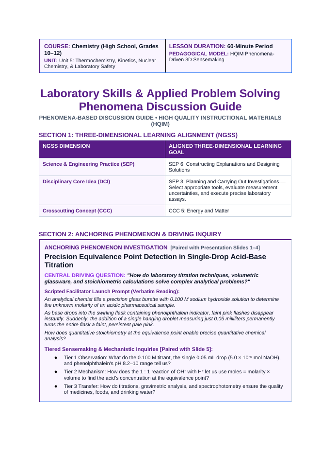 Laboratory Skills & Applied Problem Solving Phenomena-Based Lesson: Precision Equivalence Point Detection in Single-Drop Acid-Base Titration Teacher Discussion Guide sample page
