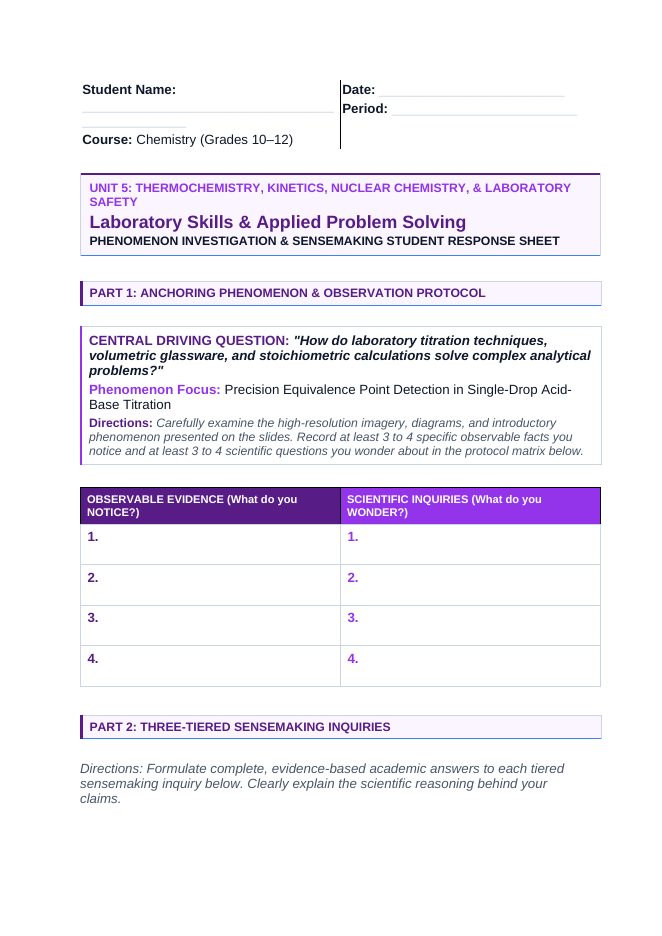 Laboratory Skills & Applied Problem Solving Phenomena-Based Lesson: Precision Equivalence Point Detection in Single-Drop Acid-Base Titration Student Response Sheet sample page