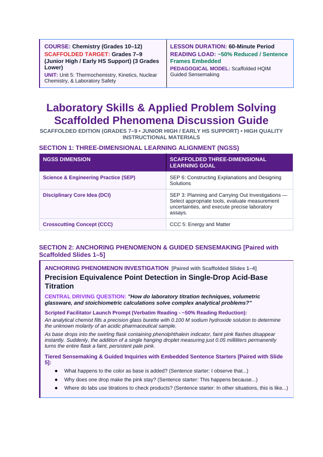 Laboratory Skills & Applied Problem Solving Scaffolded Phenomena-Based Lesson: Precision Equivalence Point Detection in Single-Drop Acid-Base Titration Teacher Discussion Guide sample page