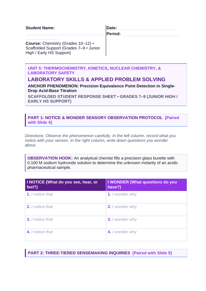 Laboratory Skills & Applied Problem Solving Scaffolded Phenomena-Based Lesson: Precision Equivalence Point Detection in Single-Drop Acid-Base Titration Student Response Sheet sample page