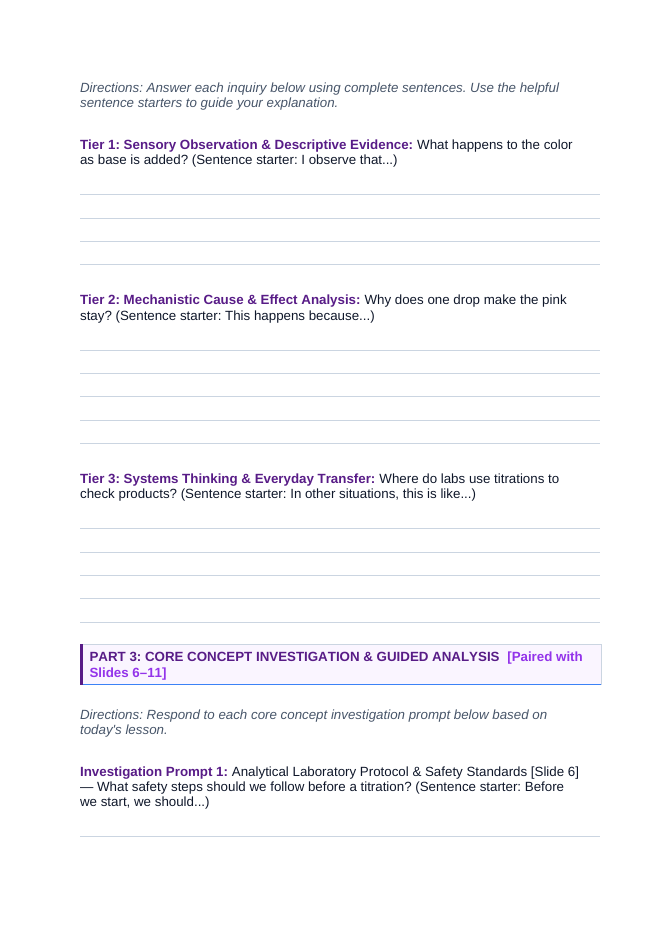 Laboratory Skills & Applied Problem Solving Scaffolded Phenomena-Based Lesson: Precision Equivalence Point Detection in Single-Drop Acid-Base Titration Student Response Sheet sample page