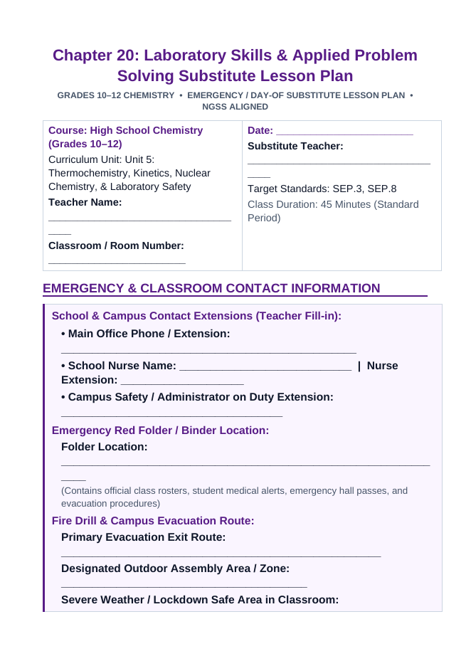 Laboratory Skills & Applied Problem Solving Substitute Lesson Plan sample page
