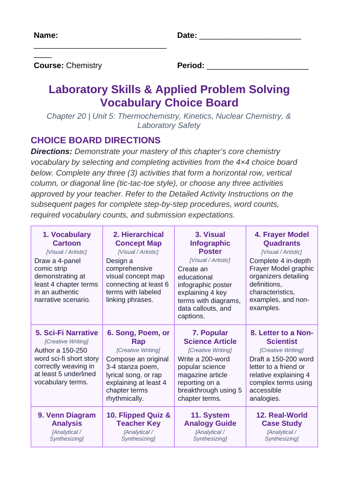 Laboratory Skills & Applied Problem Solving Vocabulary Choice Board sample page