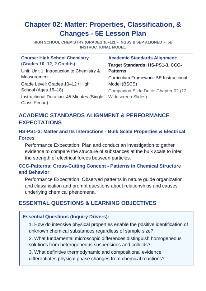 Matter: Properties, Classification, & Changes 5E Lesson Plan sample page