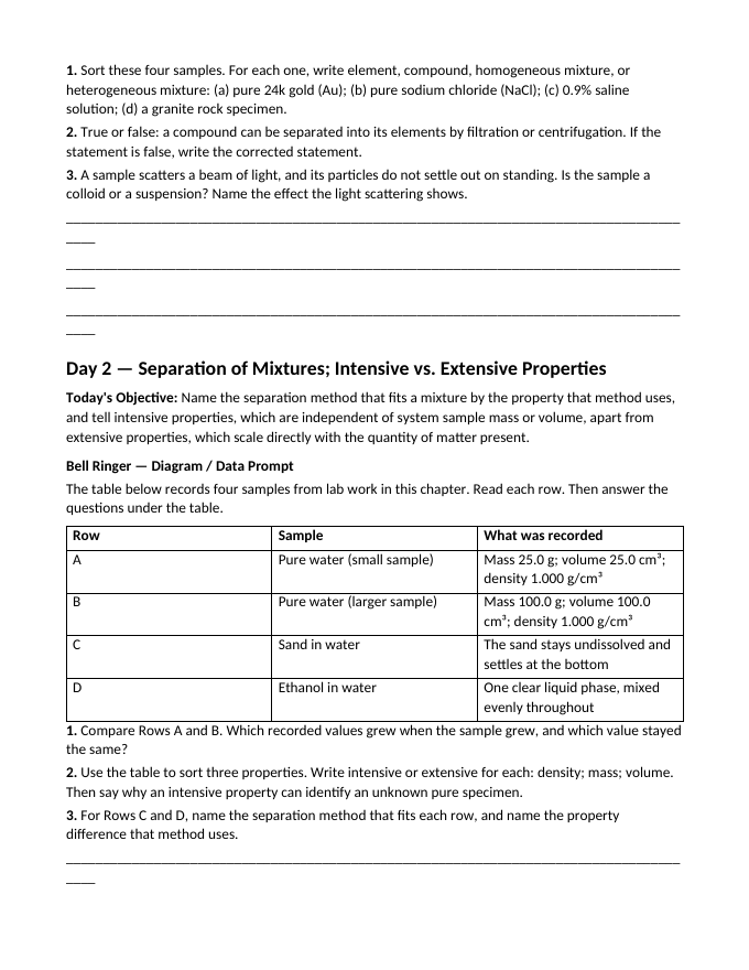 Matter: Properties, Classification, & Changes Bell Ringers & Exit Tickets sample page