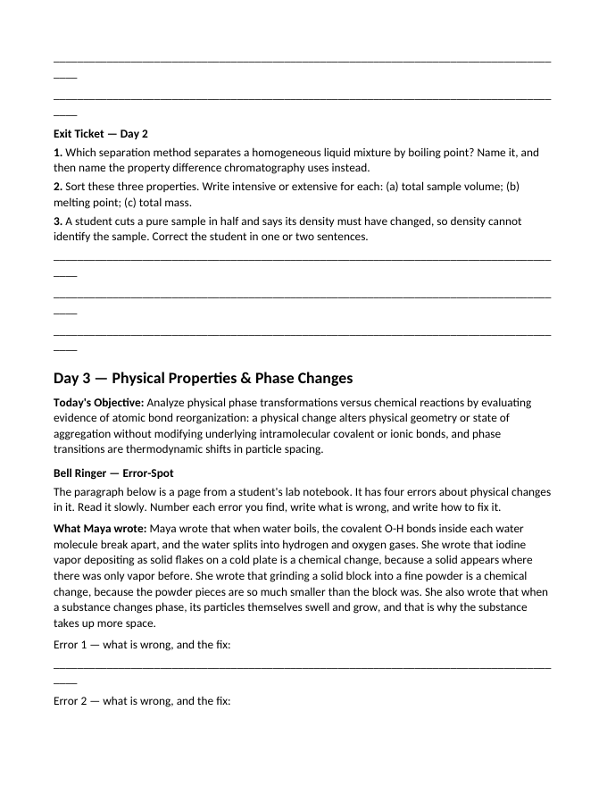 Matter: Properties, Classification, & Changes Bell Ringers & Exit Tickets sample page