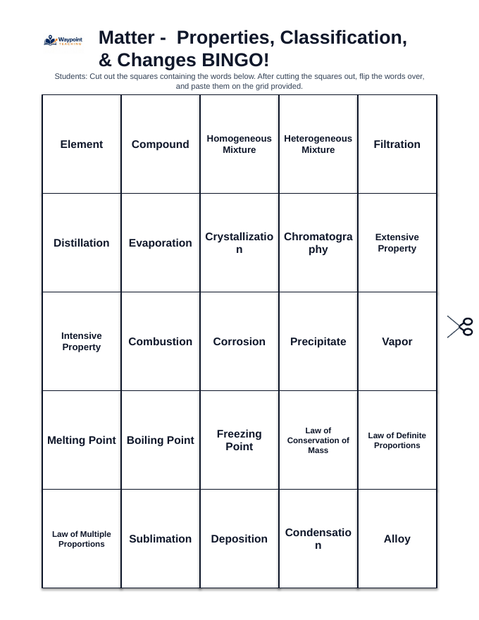 Matter: Properties, Classification, & Changes BINGO Review Game sample page