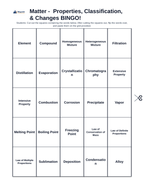 Matter: Properties, Classification, & Changes BINGO Review Game sample page