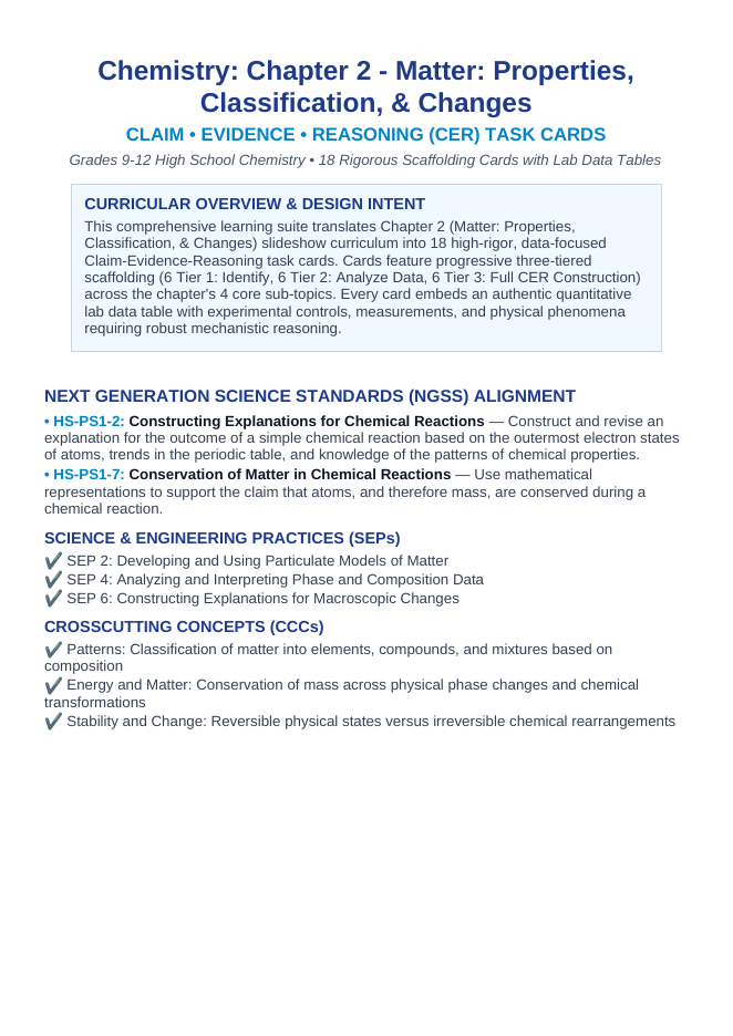 Matter: Properties, Classification, & Changes CER Task Cards sample page
