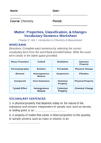 Matter: Properties, Classification, & Changes Fill-in-the-Blank Vocabulary Worksheet sample page