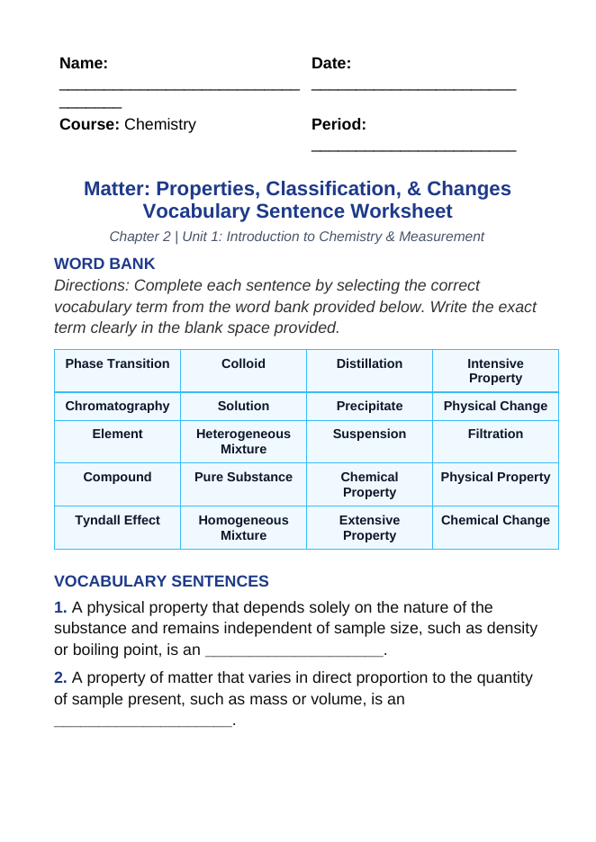 Matter: Properties, Classification, & Changes Fill-in-the-Blank Vocabulary Worksheet sample page