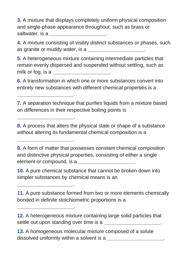 Matter: Properties, Classification, & Changes Fill-in-the-Blank Vocabulary Worksheet sample page