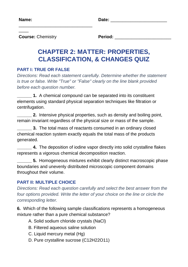 Matter: Properties, Classification, & Changes Lesson Quiz sample page