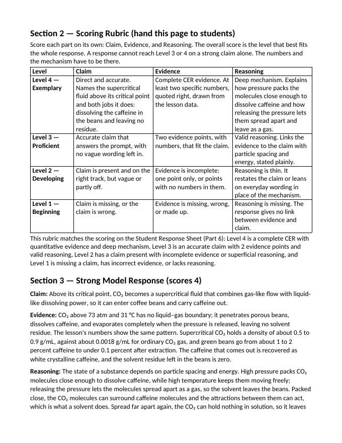 Matter: Properties, Classification, & Changes Model Response & Scoring Guide sample page