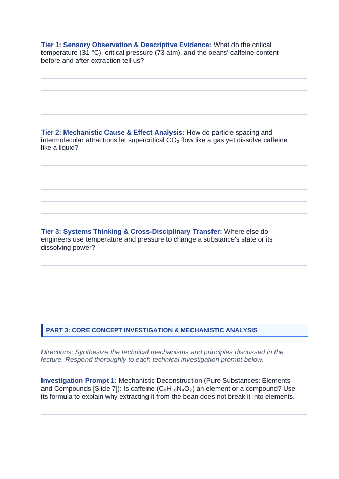 Matter: Properties, Classification, & Changes Phenomena-Based Lesson: Supercritical Fluid Extraction of Caffeine from Green Coffee Beans Student Response Sheet sample page
