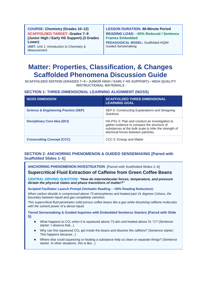 Matter: Properties, Classification, & Changes Scaffolded Phenomena-Based Lesson: Supercritical Fluid Extraction of Caffeine from Green Coffee Beans Teacher Discussion Guide sample page