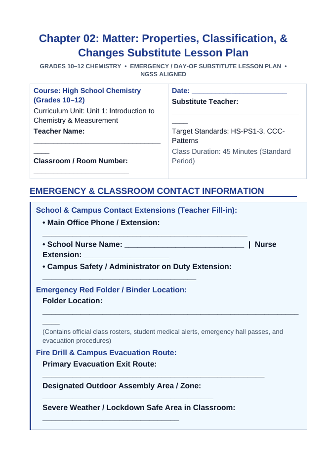 Matter: Properties, Classification, & Changes Substitute Lesson Plan sample page