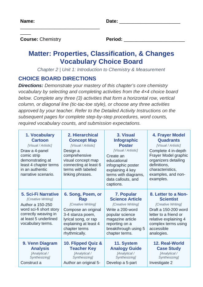 Matter: Properties, Classification, & Changes Vocabulary Choice Board sample page