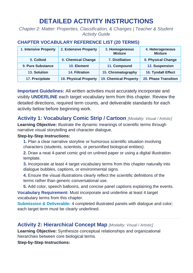 Matter: Properties, Classification, & Changes Vocabulary Choice Board sample page