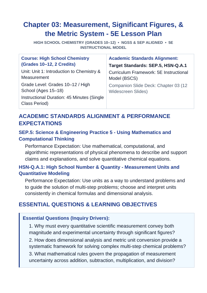 Measurement, Significant Figures, & the Metric System 5E Lesson Plan sample page